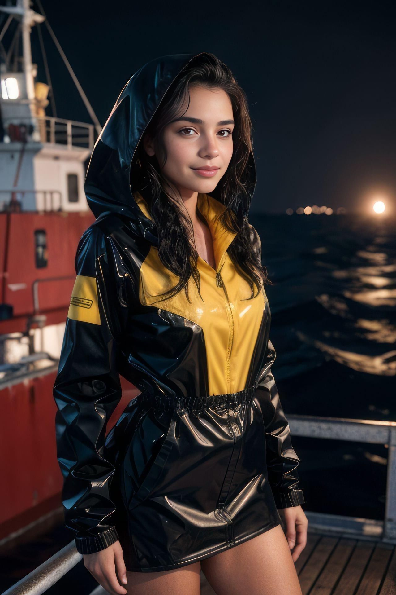 Vestido de látex AI KI brilhante com aparência molhada, jaqueta de chuva para meninas