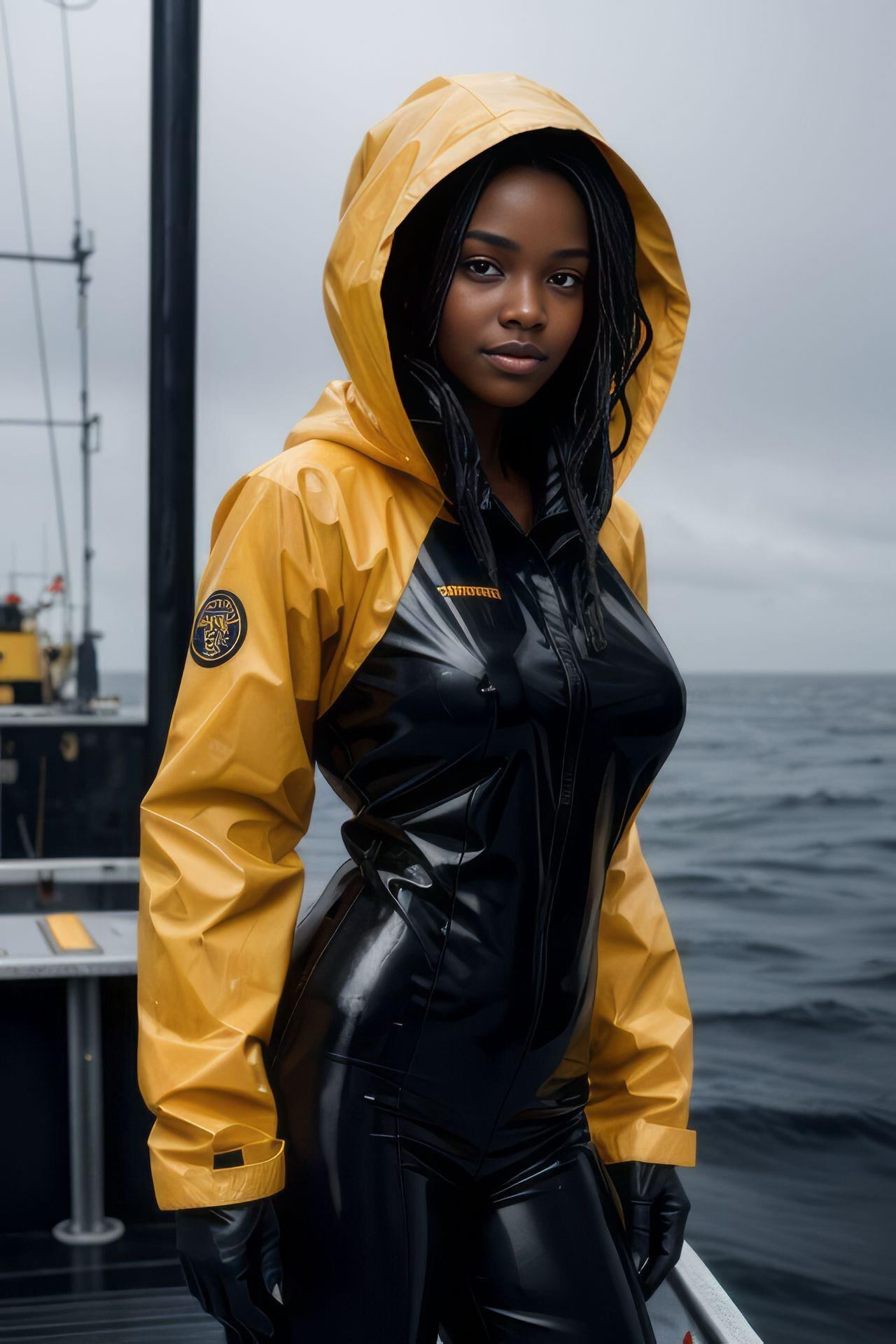 Vestido de látex AI KI brilhante com aparência molhada, jaqueta de chuva para meninas