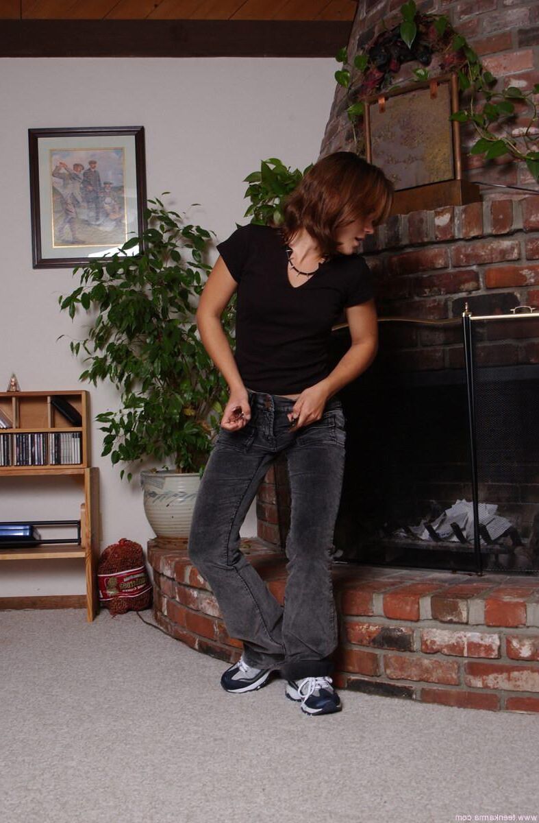 Teen Karma Black Top Gray Pants At Fireplace