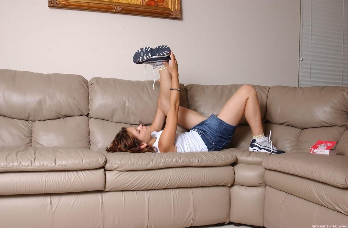 Teen Karma Denim Shorts On Grey Couch