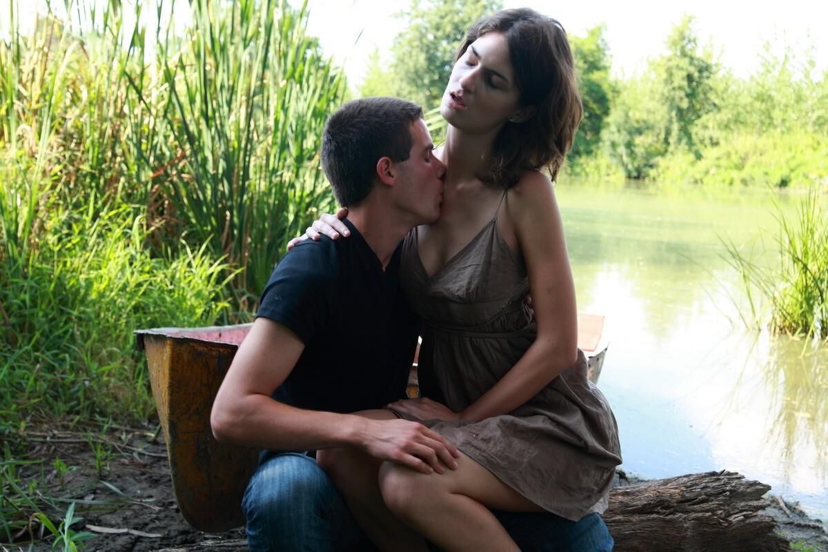 Hardcore Young couple outdoor sex brown dress and boat