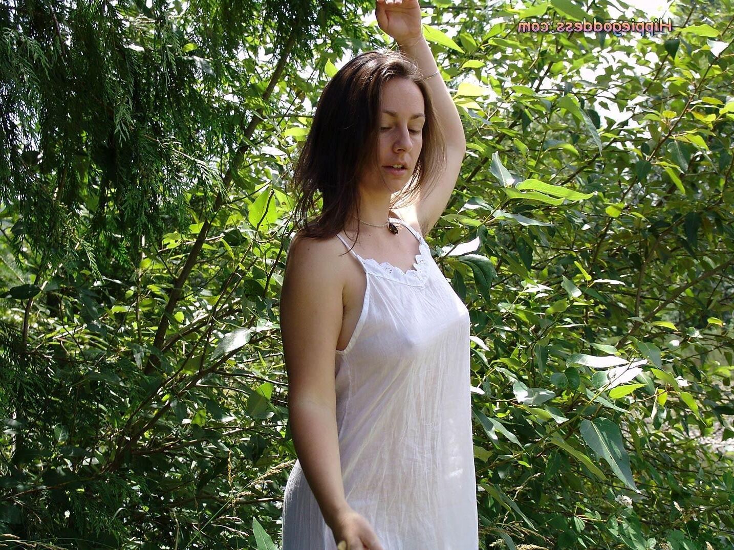 HippieGoddess Jade White dress outdoors