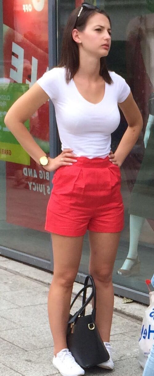 Hot girl in tight white top and big boobs